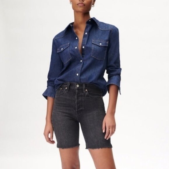 Aritzia Denim Forum Yoko Bermuda Jorts Jean Shorts Denim Long Black Cutoffs 25 - Picture 1 of 9